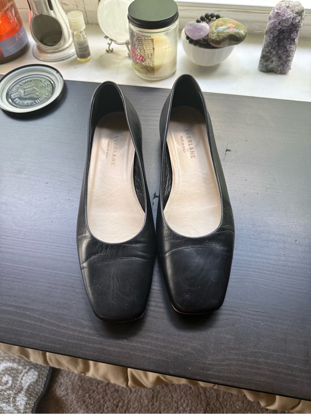 Everlane Black Leather Square-Toe Ballet Flats - Minimalist Slip-Ons